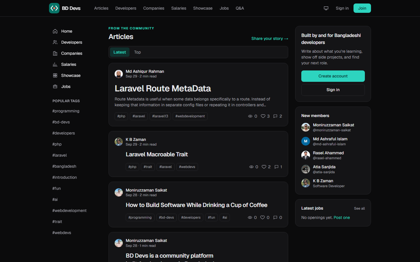 BD Devs community platform showing the latest articles from Bangladeshi developers