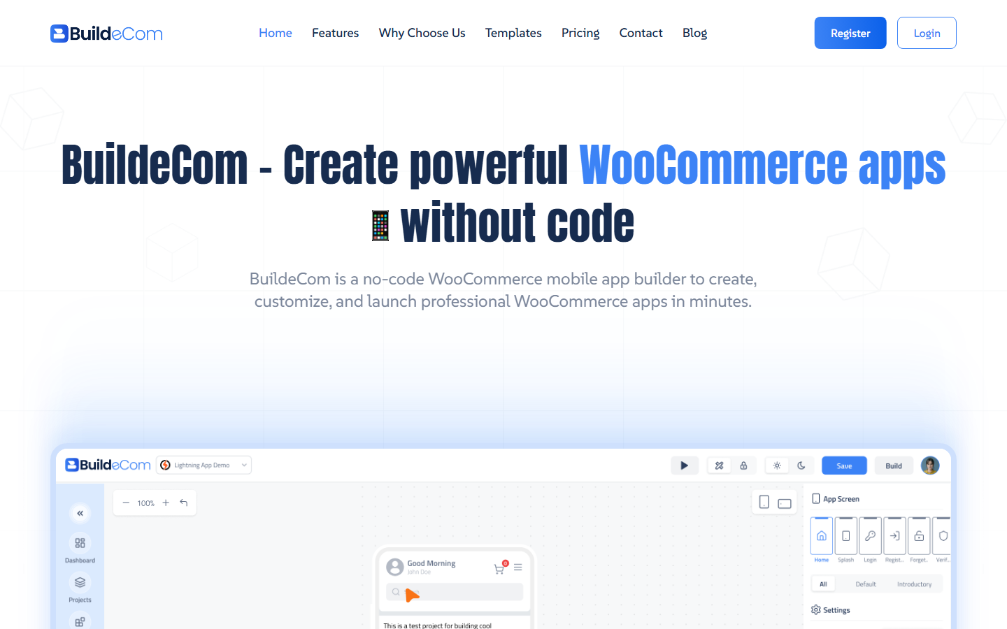 BuildEcom homepage: no-code WooCommerce mobile app builder