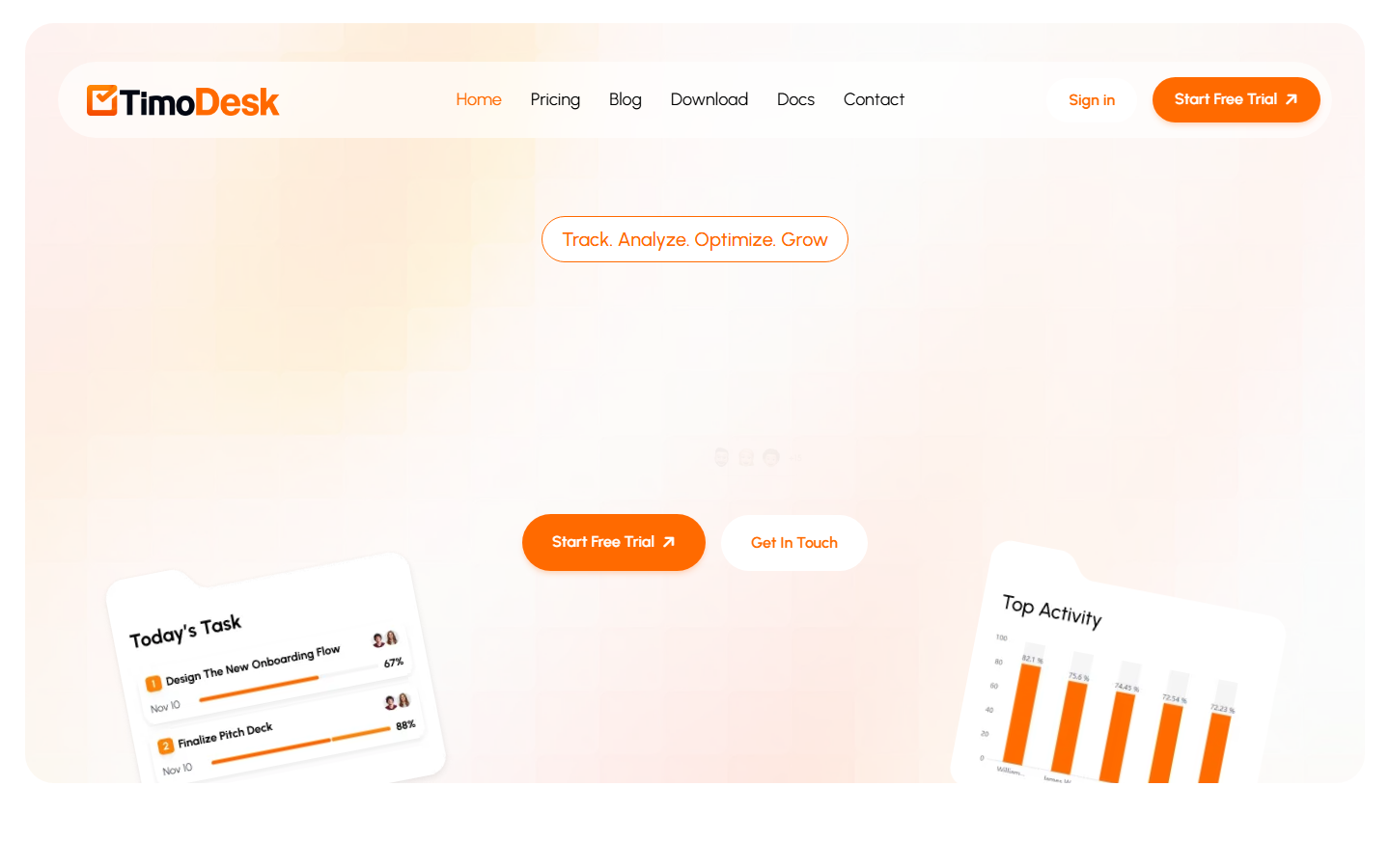 TimoDesk homepage: time tracking and workforce analytics platform